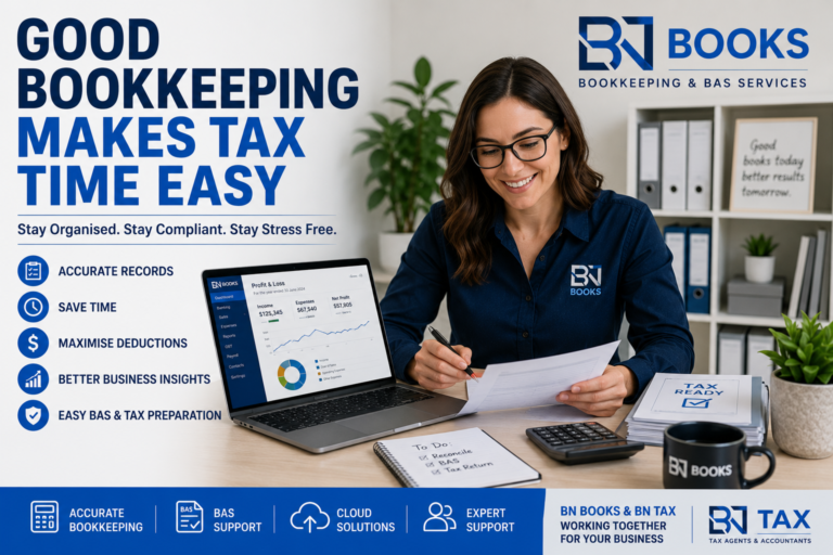 Small business owner reviewing bookkeeping reports to prepare for tax time.