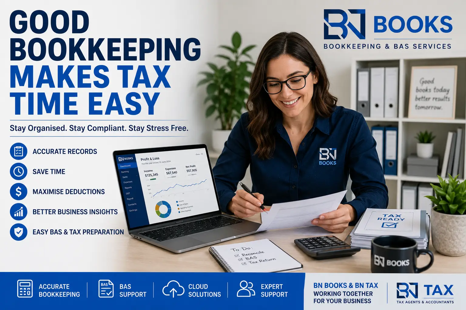 Small business owner reviewing bookkeeping reports to prepare for tax time.