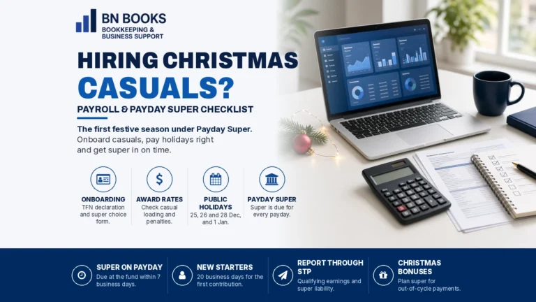 BN Books graphic titled Hiring Christmas Casuals? Payroll and Payday Super checklist, with a laptop showing payroll charts, a calculator and a ticked checklist on a desk with Christmas decorations